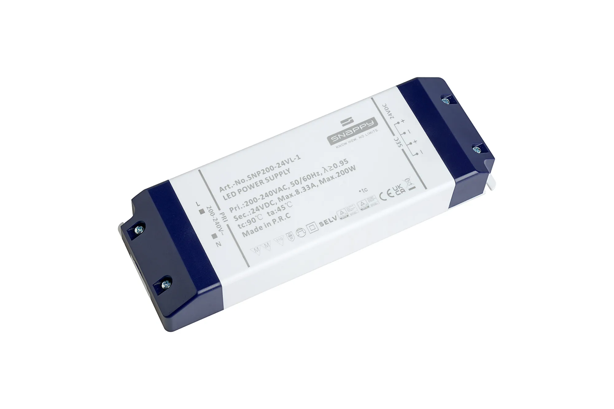 SNP200-24VL-1  SNP, 200W, Constant Voltage Non Dimmable PC LED Driver,24VDC, 8.33A, Pf>0.95, TC:+80°, TA:45°, IP20, Effi>85%, Screw Connection, 5yrs Warranty.